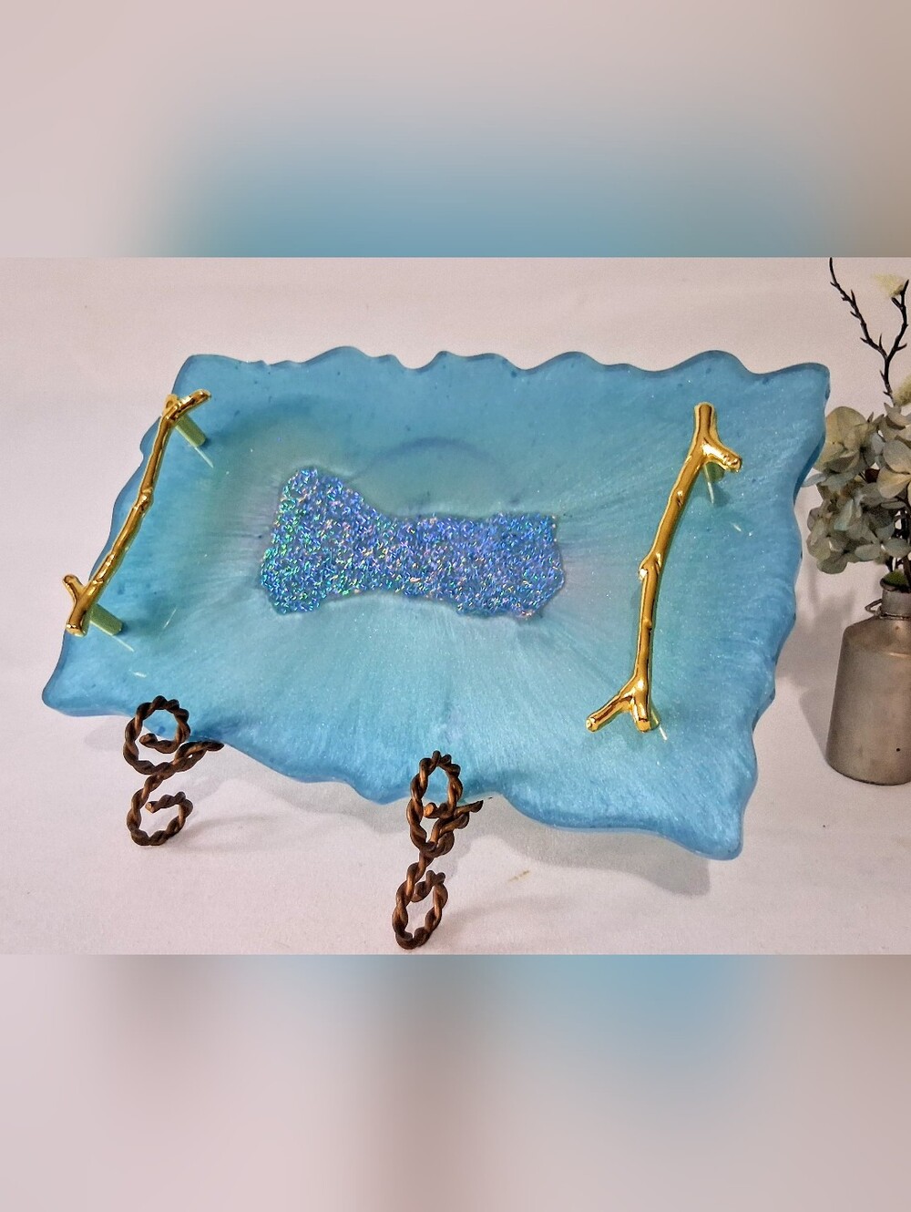 Ocean Blues, Glitter & Gold Artisan Made Resin Tray - Gold Bamboo Handles